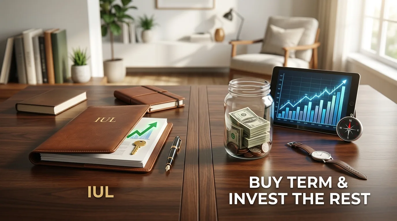A wooden desk split down the middle. On the left, labeled IUL, a leather folder stamped IUL with a key and a rising green arrow on the pages beneath it. On the right, labeled Buy term and invest the rest, a glass jar of cash and coins beside a tablet showing a rising stock chart, a compass and a wristwatch.