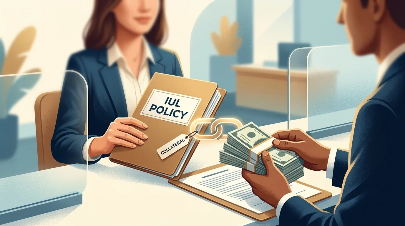 An illustration of two people across a desk. One holds a folder labeled IUL Policy with a tag reading Collateral, joined by a chain link to a stack of banknotes held by the other.