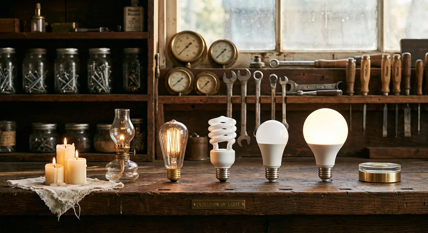 A workbench lined with lights in the order they were invented — candles, an oil lamp, a filament bulb, a compact fluorescent and two LEDs — under a small plaque reading Evolution of Light.