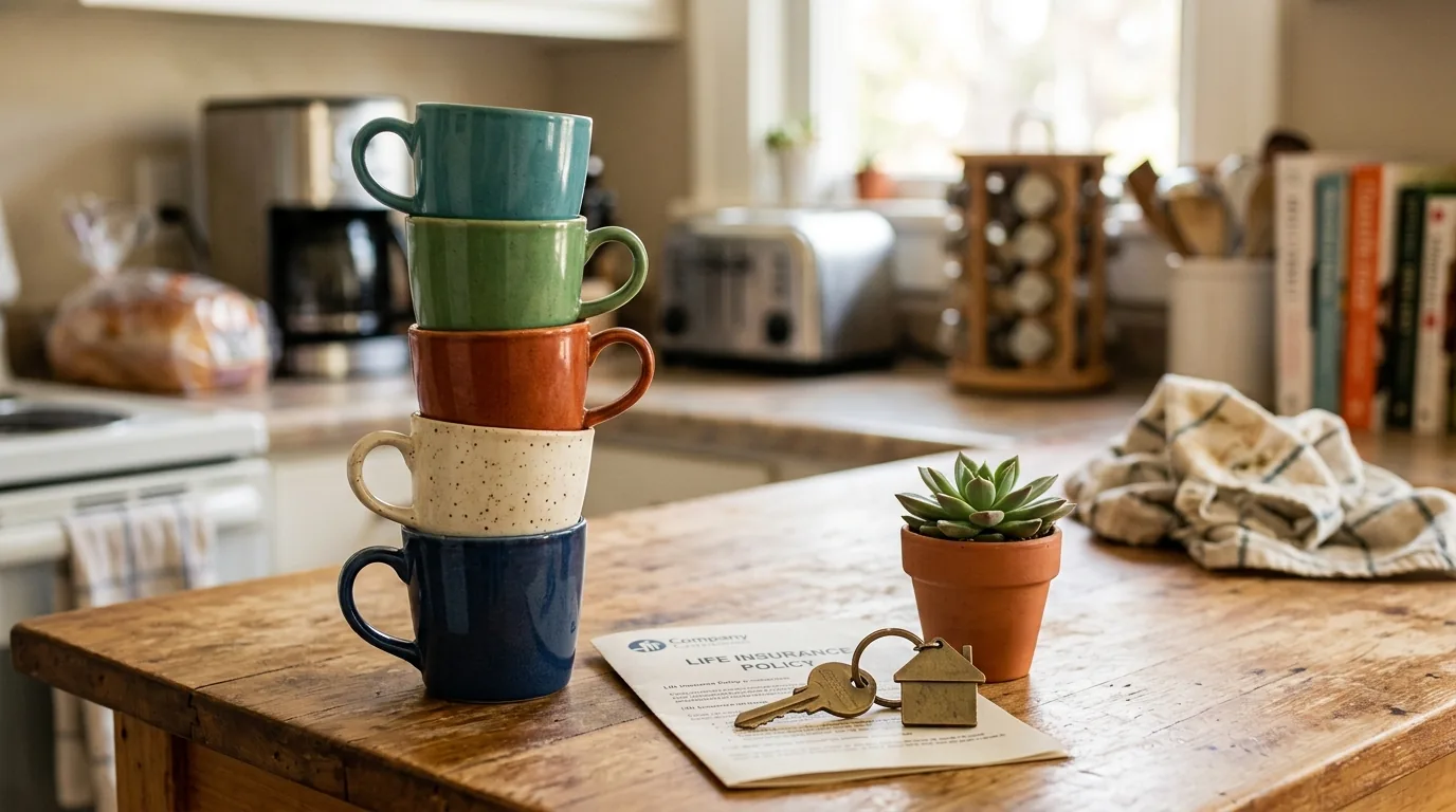 A life insurance policy document on a kitchen table, beside a stack of five mugs, a house keyring and a small potted plant.