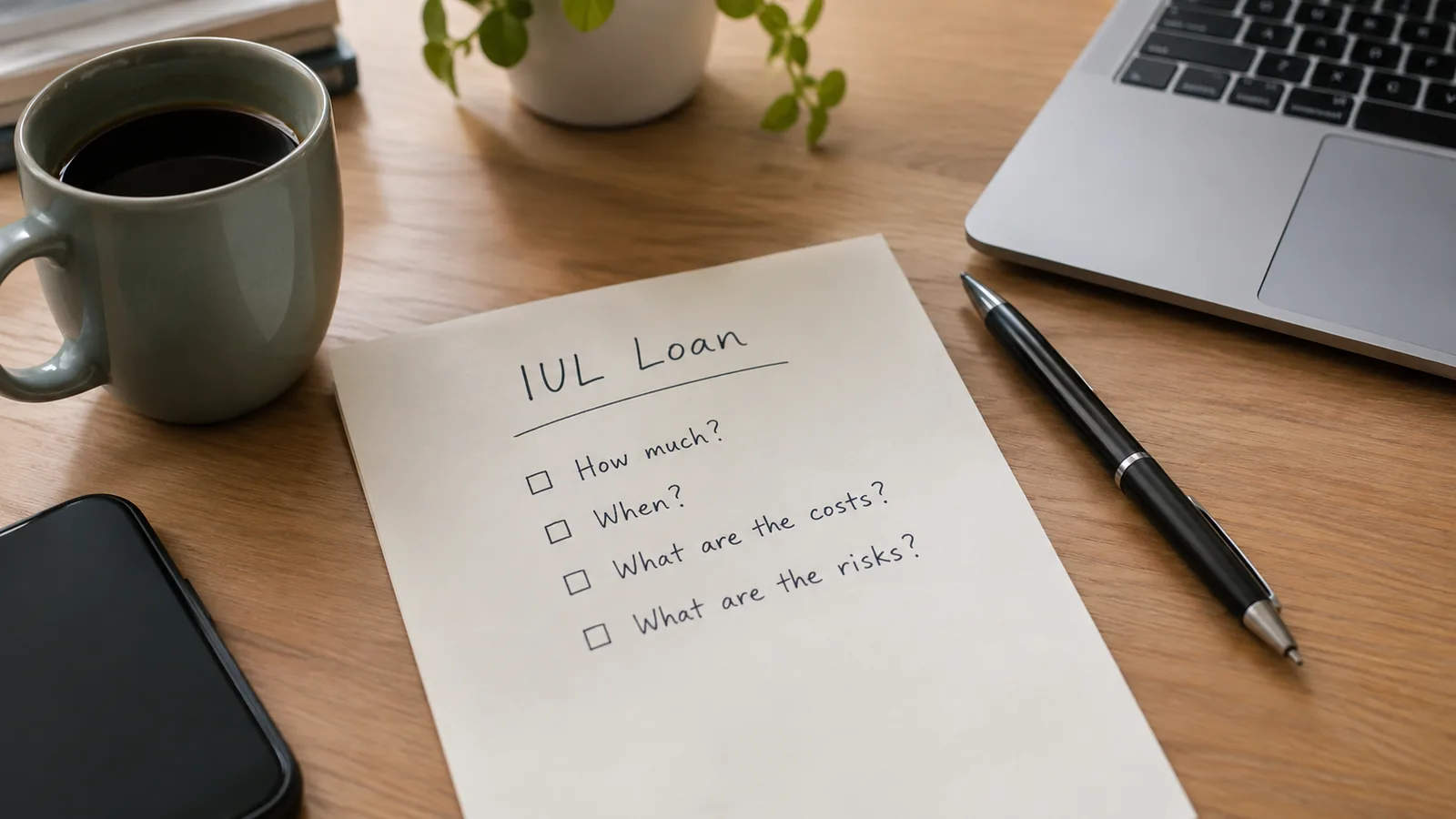 A handwritten checklist on a sheet of paper on a wooden desk, headed IUL Loan, with four boxes left unchecked beside the questions How much?, When?, What are the costs? and What are the risks? A coffee mug, a pen and a laptop sit around it.