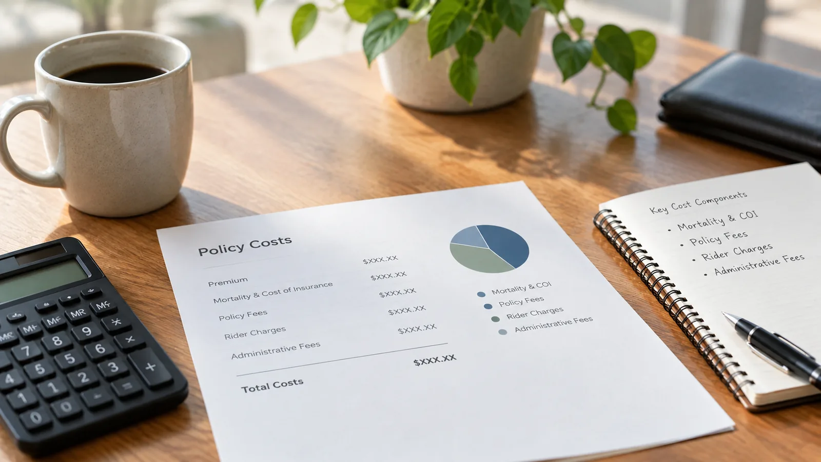 A printed page headed Policy Costs on a wooden desk, listing premium, mortality and cost of insurance, policy fees, rider charges and administrative fees above a total, beside a small pie chart. Around it sit a notebook headed Key Cost Components, a calculator, a pen, a coffee mug and a potted plant.