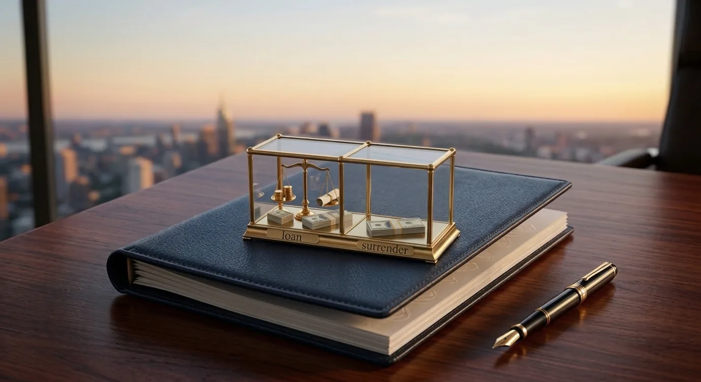 A small gold-framed glass case with two compartments on a navy leather binder on a wooden desk. The left compartment, labeled loan, holds a balance scale with coins and a rolled document beside stacks of banknotes; the right, labeled surrender, holds more banknotes. A fountain pen lies beside it, and a city skyline at dusk fills the window behind.
