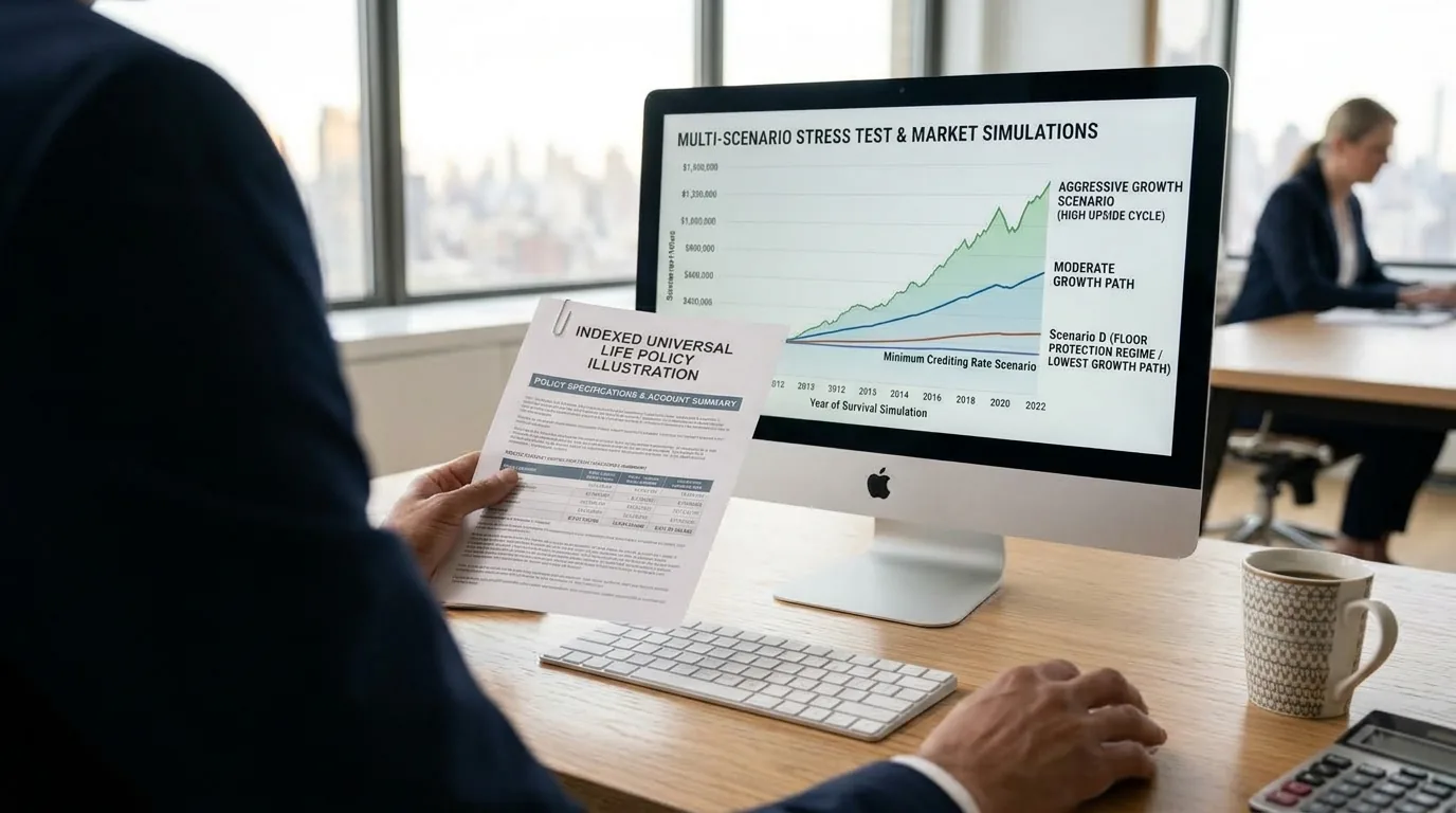Someone at a desk holding a document headed Indexed Universal Life Policy Illustration, beside a monitor charting several market scenarios against each other under the heading Multi-Scenario Stress Test and Market Simulations.