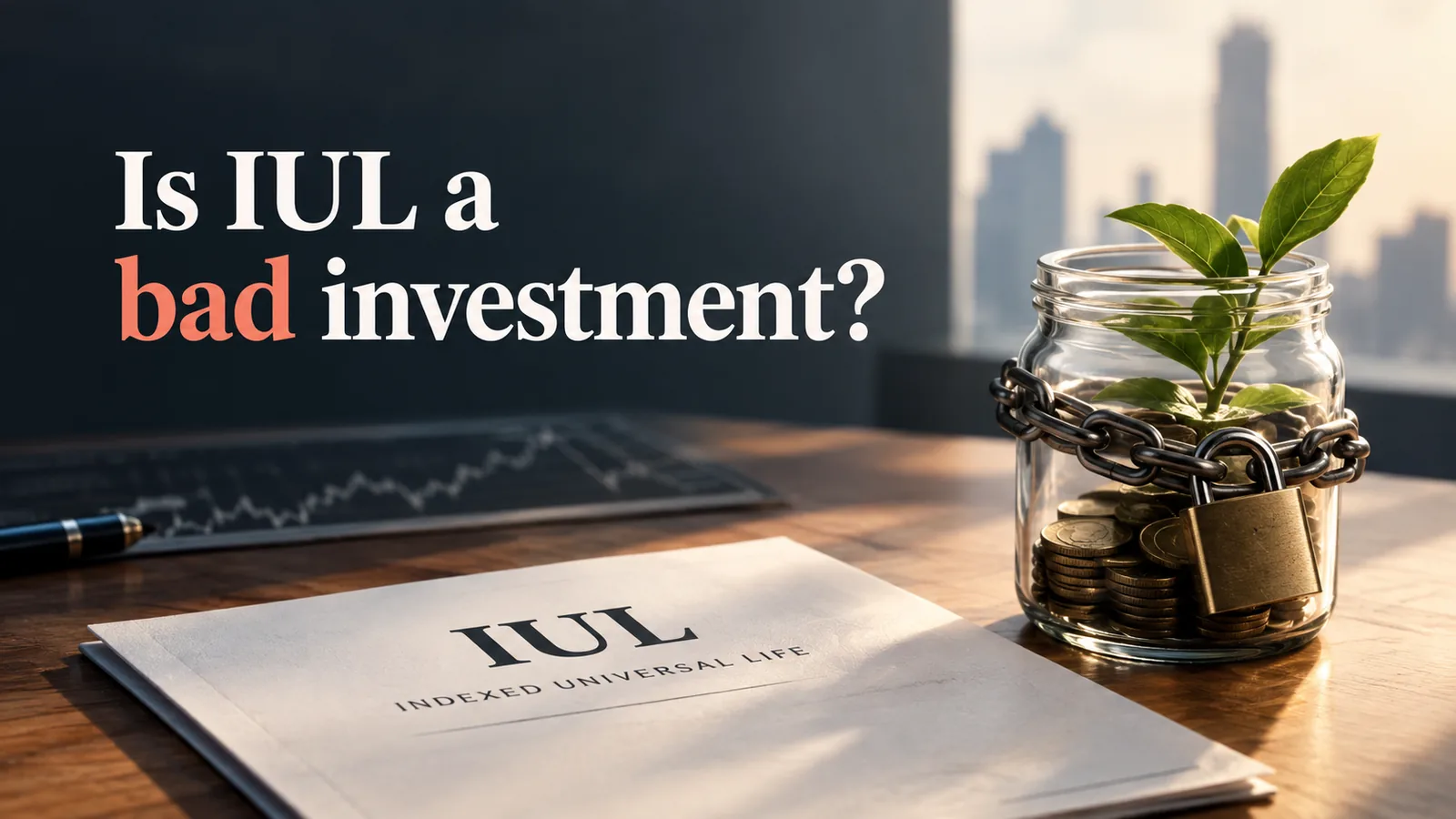 Title text reading Is IUL a bad investment?, with the word bad in coral. On a wooden desk below it, a white folder labeled IUL, Indexed Universal Life, a pen beside a printed stock chart, and a glass jar of coins with a green seedling growing out of it, wrapped in a chain and closed with a padlock. A city skyline shows through the window behind.