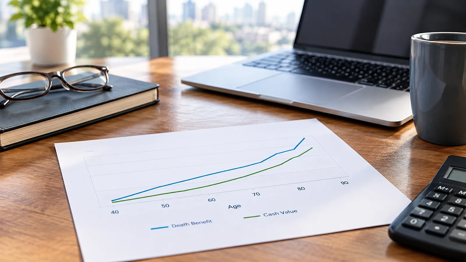 A printed line chart on a wooden desk showing death benefit and cash value rising with age from 40 to 90, beside reading glasses on a notebook, an open laptop, a gray mug and a calculator, with a city skyline behind.