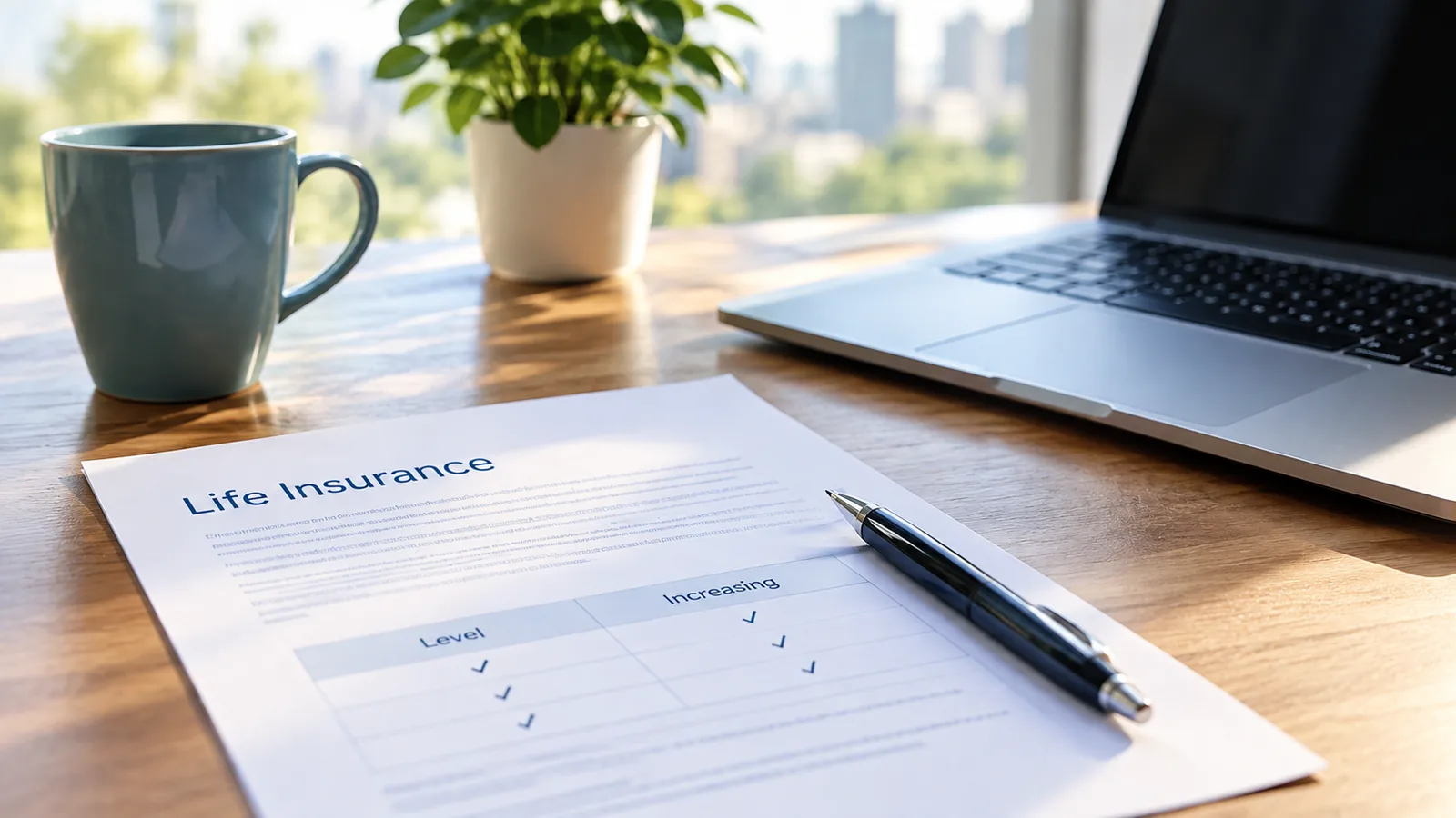 A life insurance document on a wooden desk with a two-column table headed Level and Increasing, beside a pen, a blue mug, a potted plant and an open laptop, with a city skyline through the window.