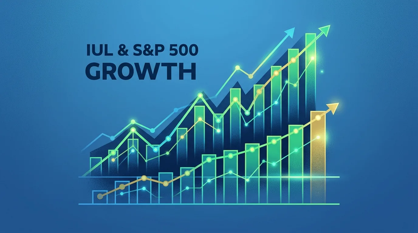 An illustration on a blue background headed IUL & S&P 500 Growth: two sets of glowing green and gold bar charts with rising lines and arrows, one climbing higher and more unevenly than the other.