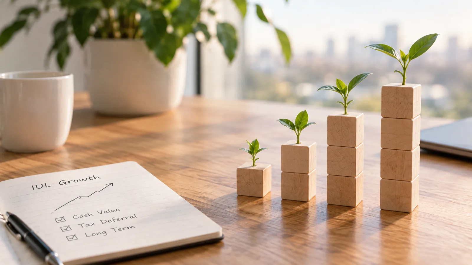 Four stacks of wooden blocks on a desk, each taller than the last and each topped by a larger green seedling, beside an open notebook headed IUL Growth with a rising arrow and three checked boxes: Cash Value, Tax Deferral and Long Term.