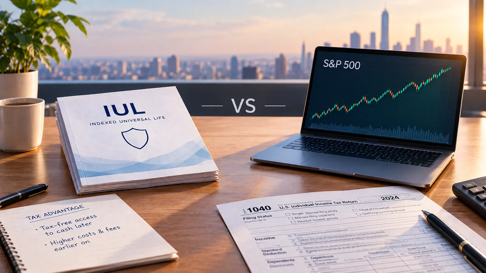 A photorealistic desk scene compares an IUL policy with investing in the S&P 500, featuring an IUL document, a rising S&P 500 chart, and a Form 1040. A note highlights the tradeoff between IUL’s tax-free cash access and its upfront costs and fees.