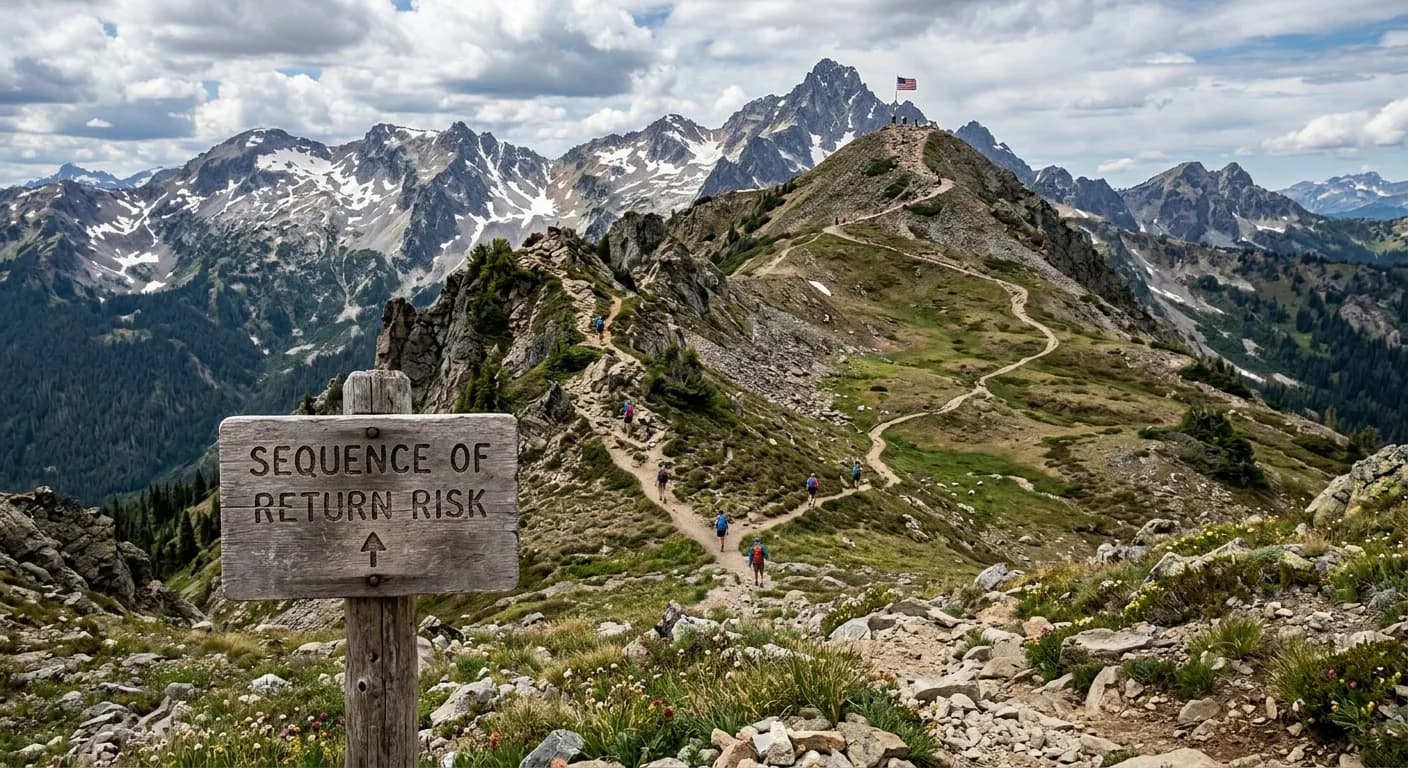 A weathered wooden trail sign reading Sequence of Return Risk, with an arrow pointing up, stands beside a winding mountain path. Hikers climb the trail over rocky ridges and alpine meadows toward a summit with an American flag, under snow-capped peaks and a cloudy sky.