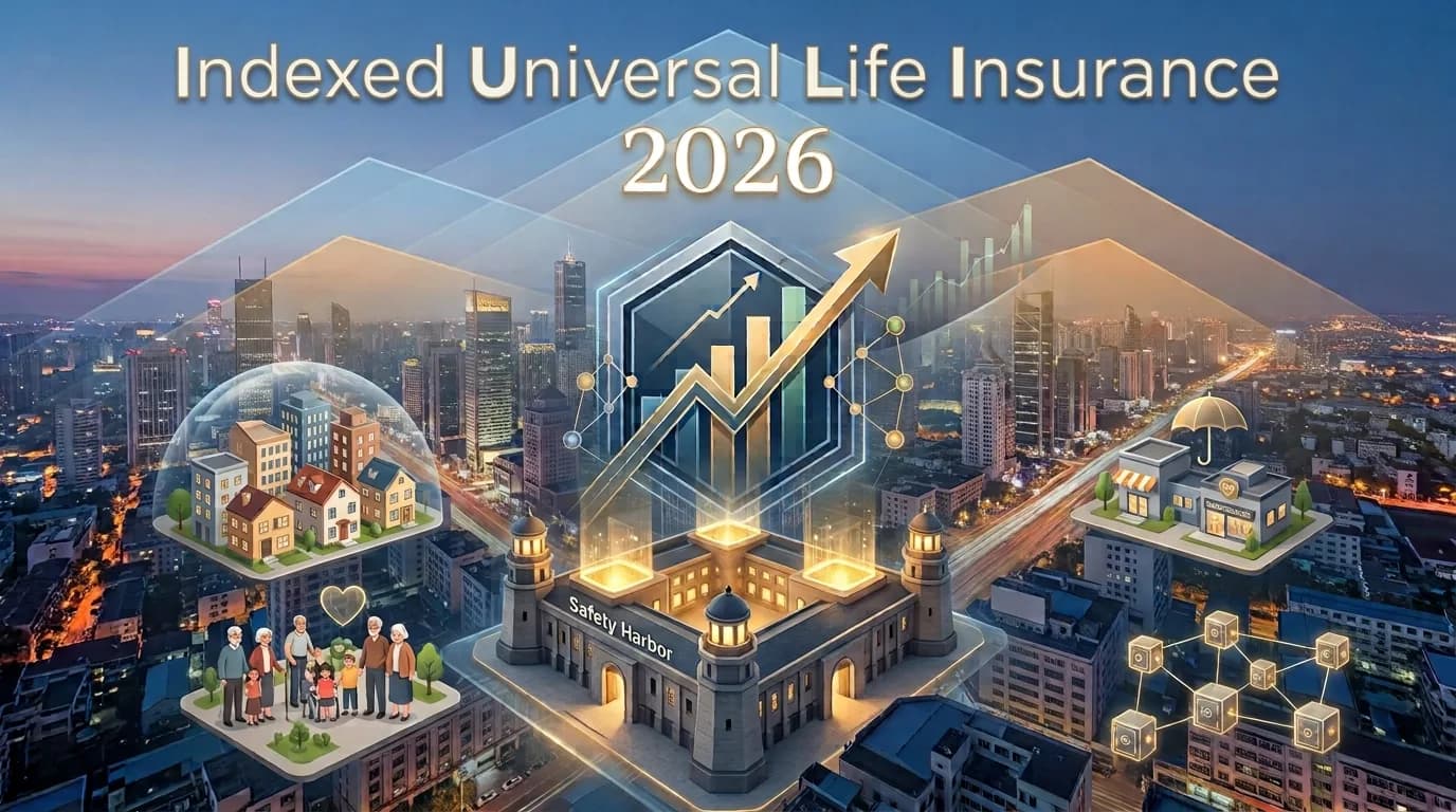 An illustration headed Indexed Universal Life Insurance 2026, over a city at dusk: a fortified building labeled Safety Harbor with a rising gold arrow and bar chart above it, surrounded by a row of houses under a glass dome, a multigenerational family, a shop under an umbrella, and a network of linked safes.