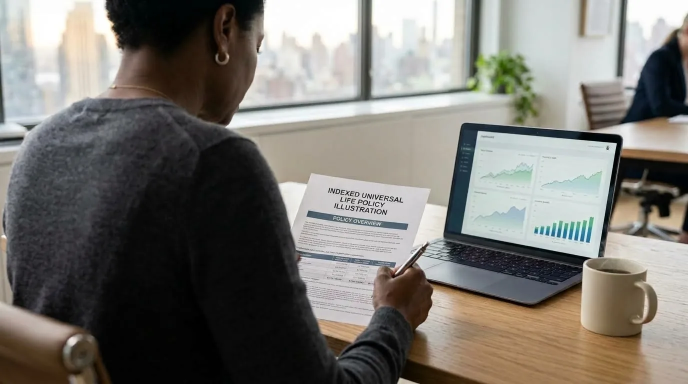 Someone at a desk reading a document headed Indexed Universal Life Policy Illustration, pen in hand, beside a laptop showing charts, a coffee mug, and a city skyline through the window.
